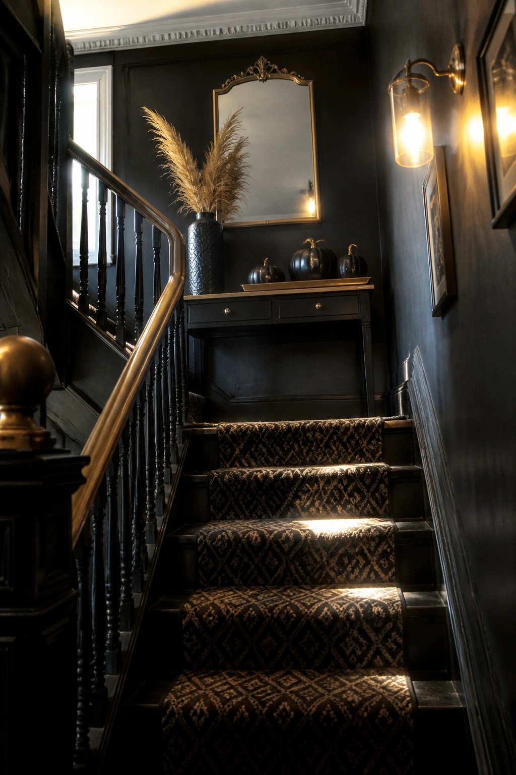 Dark staircase with patterned runner, ornate mirror, pampas grass, black pumpkins, and warm sconce light.