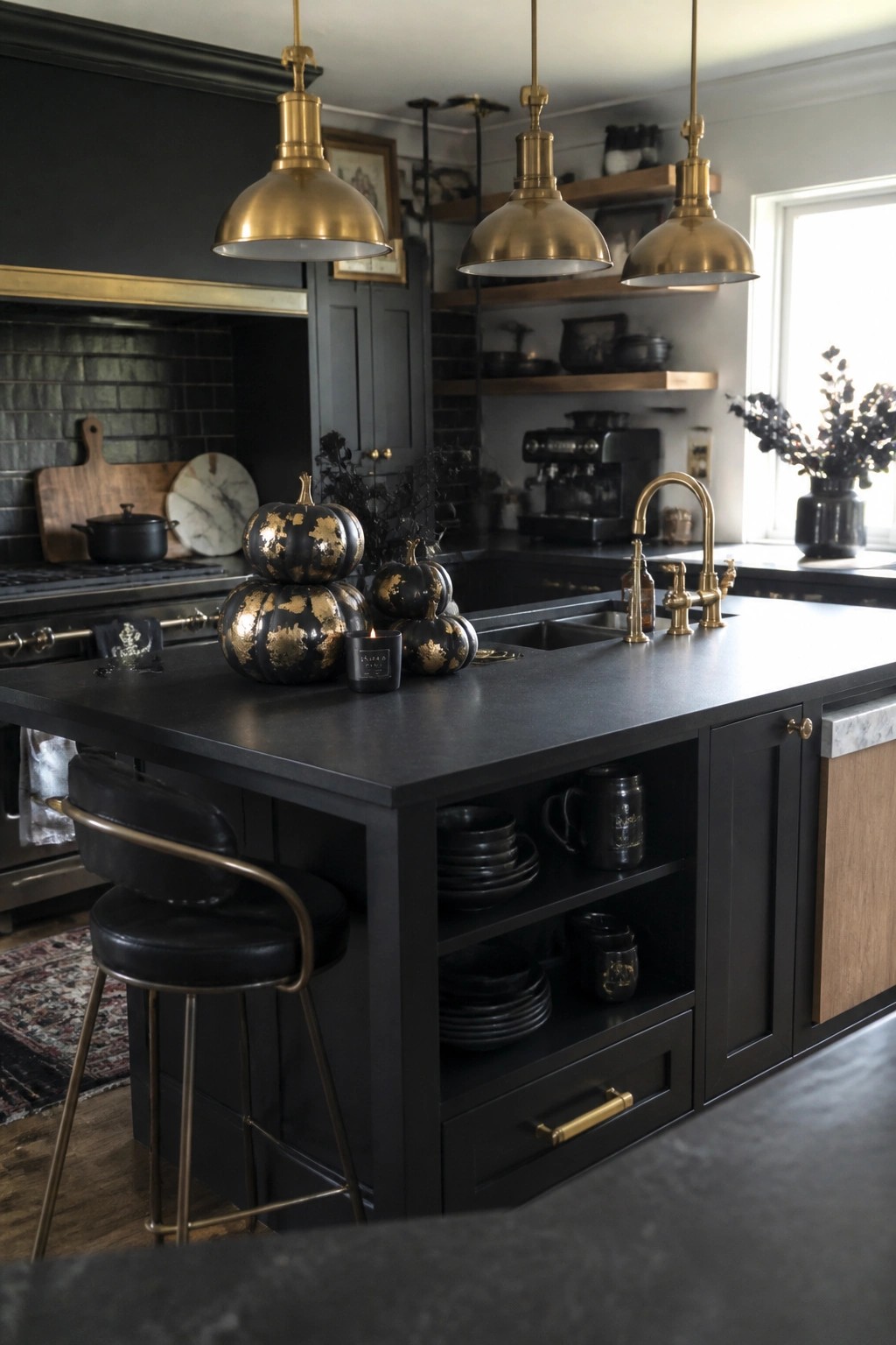 A black kitchen island with stacked black and gold pumpkins, a lit candle, brass pendants, and open shelving holding dark dishware.