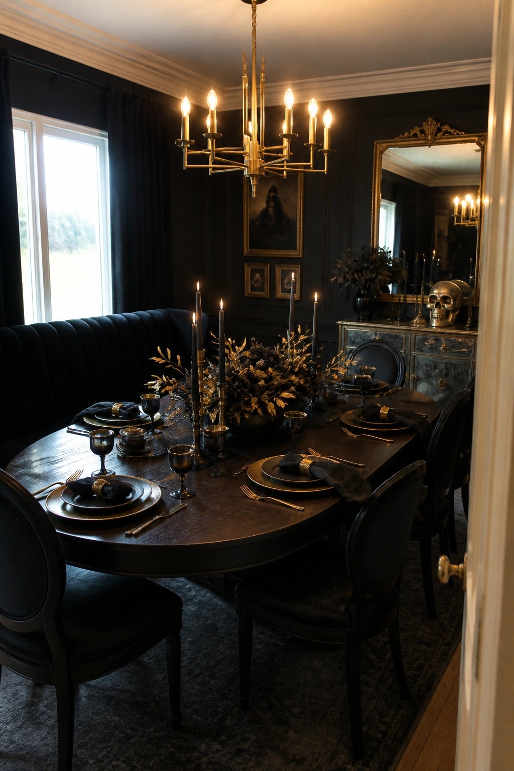 A dark dining room with a round table set in black and gold dinnerware, black napkins, gold flatware, dark taper candles, and a central arrangement of dark foliage under a lit gold chandelier, with dark walls and a skull on a sideboard in the background.