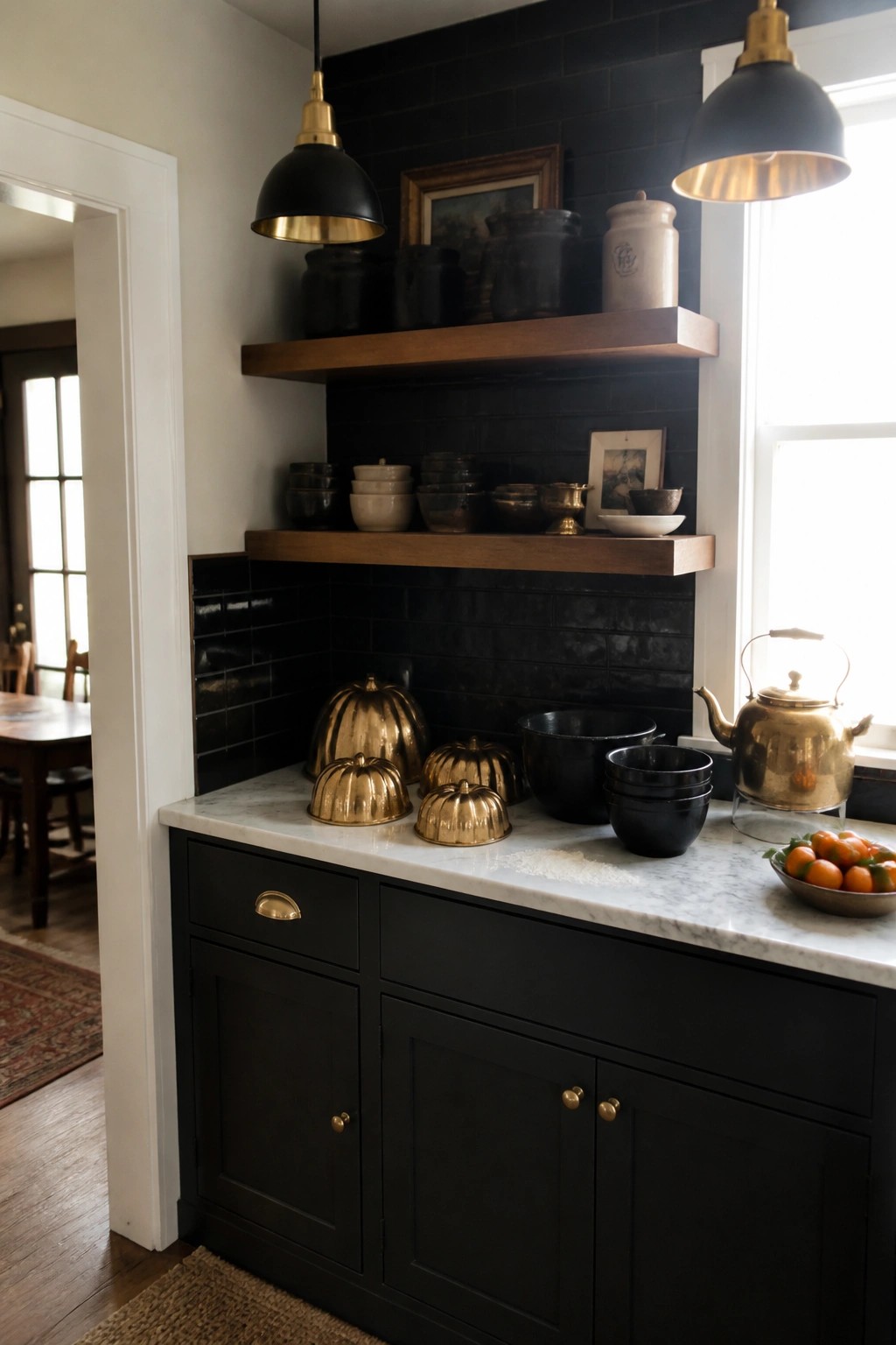 A kitchen area with black lower cabinets, white marble countertop, wooden shelves on black tile backsplash, and gold and black kitchenware displayed on the counter and shelves.
