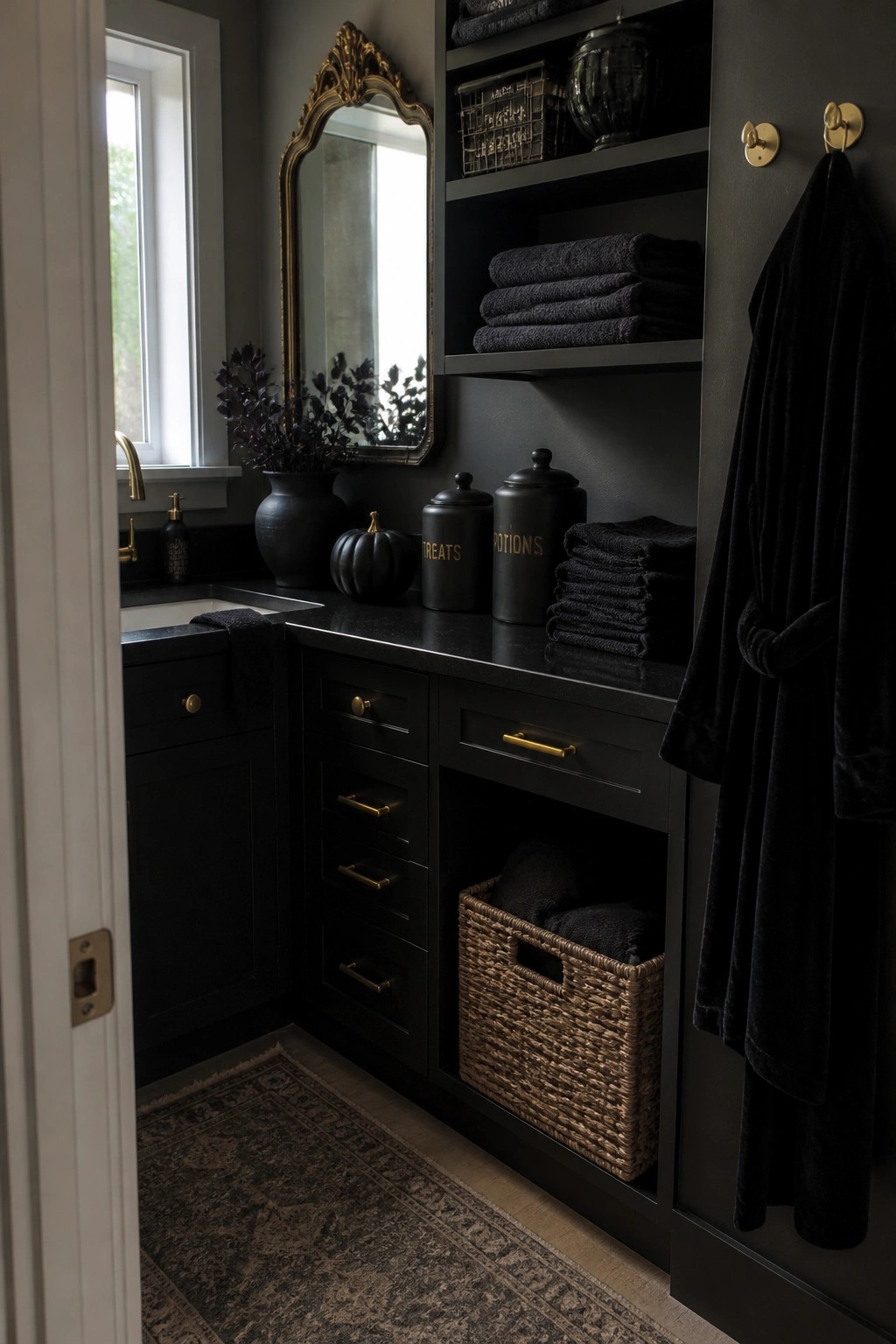 A dark bathroom featuring black cabinets with gold hardware, open shelving with black towels and canisters, and a black robe hanging on hooks.