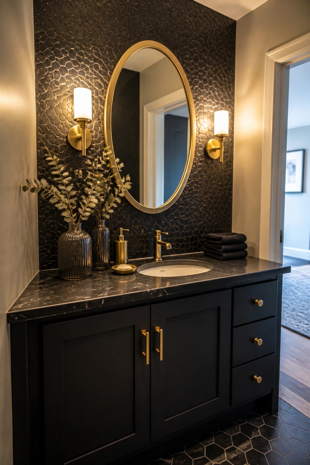 A bathroom vanity featuring matte black cabinets, gold hardware, a round gold-framed mirror, and a dark marble countertop set against a black textured tile wall.