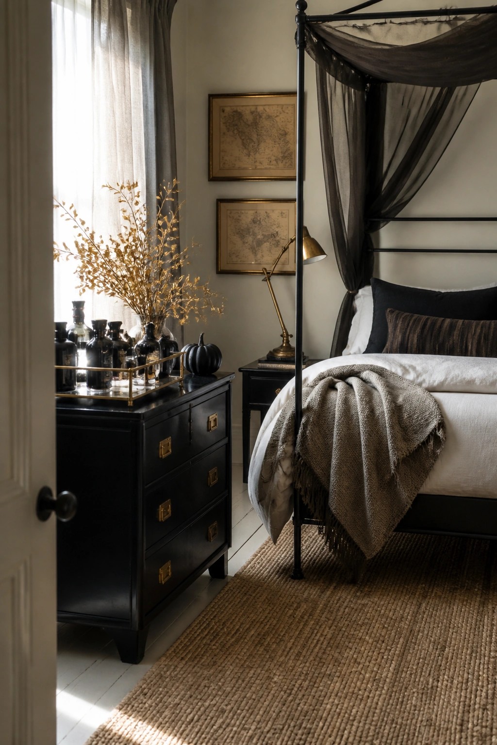 A bedroom with a black chest of drawers featuring gold hardware, a gold tray holding dark bottles, a brass desk lamp, and a black metal bed with white and black bedding.