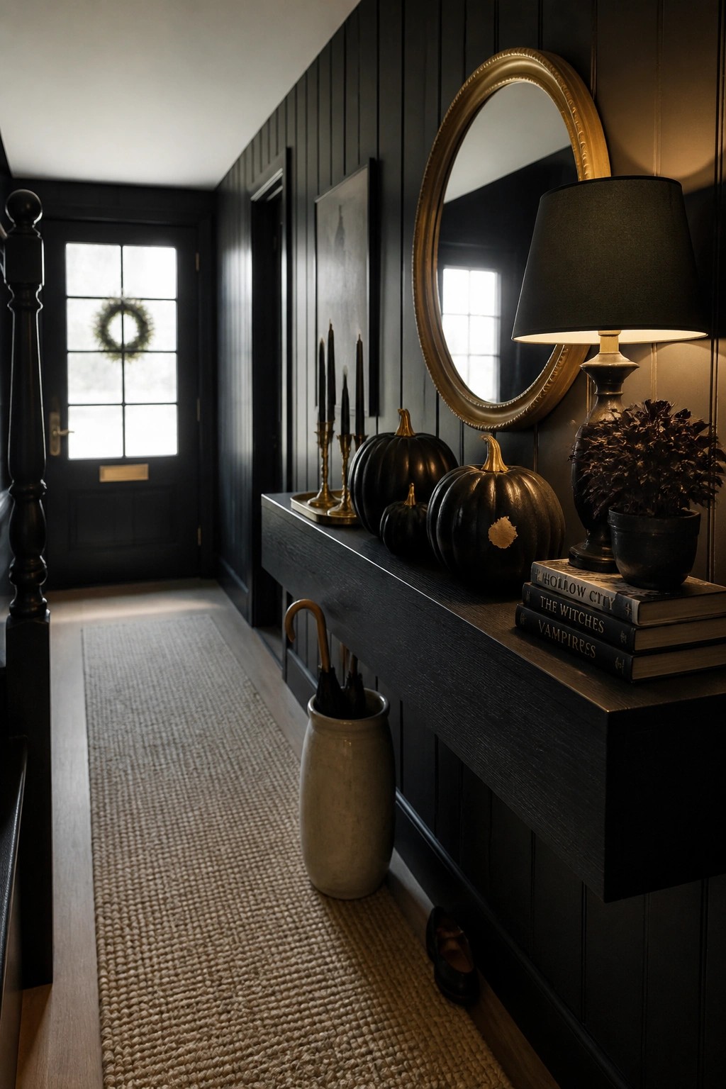 Dark hallway console with black pumpkins, gold mirror, books, lamp, and umbrella stand
