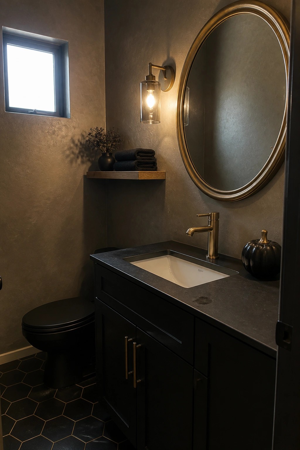 A bathroom with a black vanity, gold faucet, round gold-framed mirror, black toilet, and a black pumpkin on the countertop.