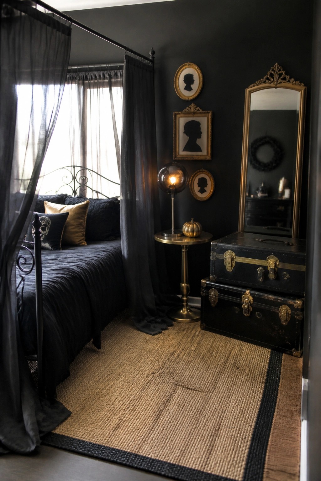 A bedroom with black walls featuring gold-framed silhouette portraits, a black bed with sheer curtains, a gold lamp on a small table, and stacked black trunks with gold hardware.