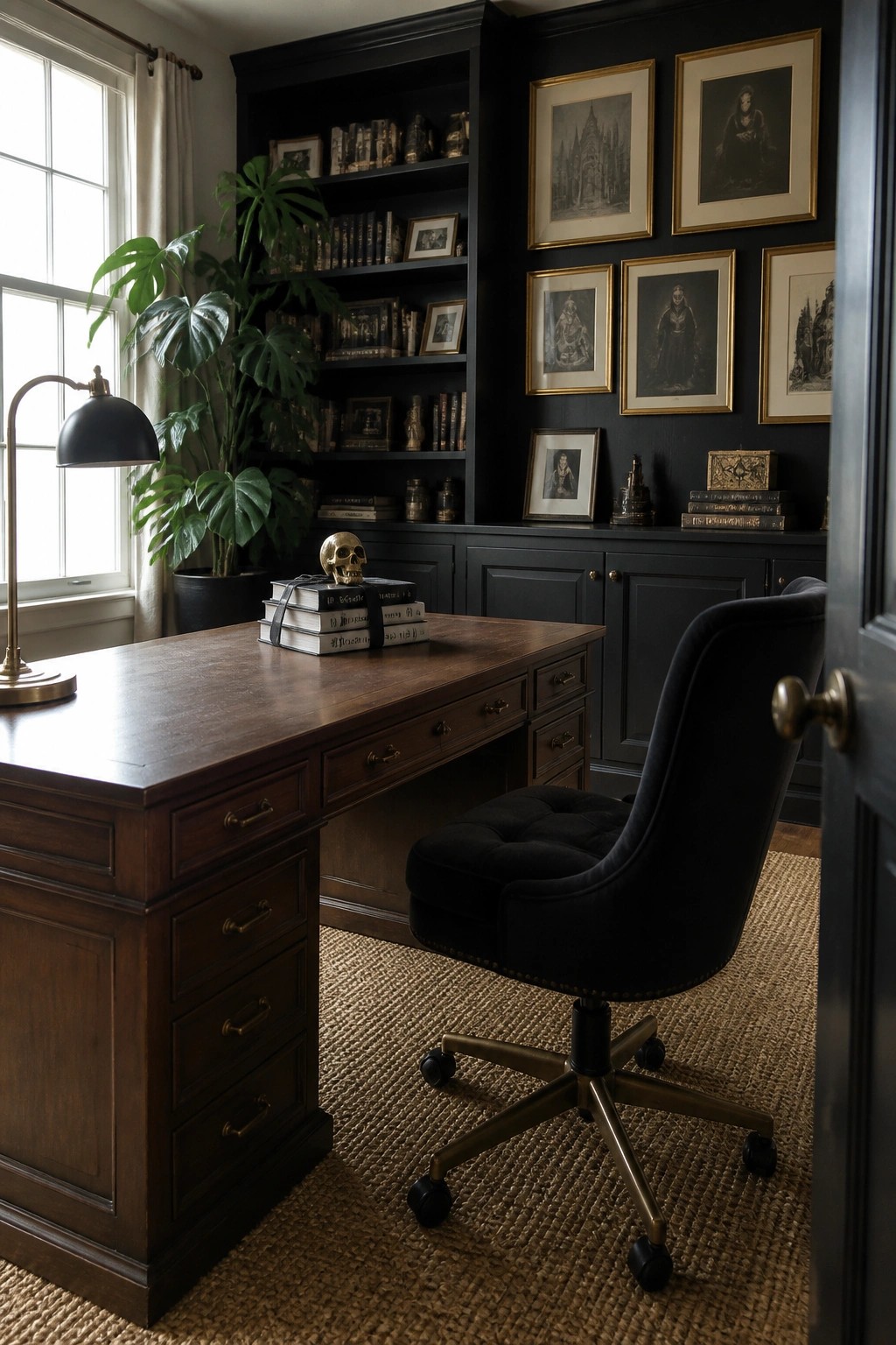 A home office with black walls, gold-framed artwork, a wooden desk with stacked books, and a black velvet swivel chair on a woven rug.