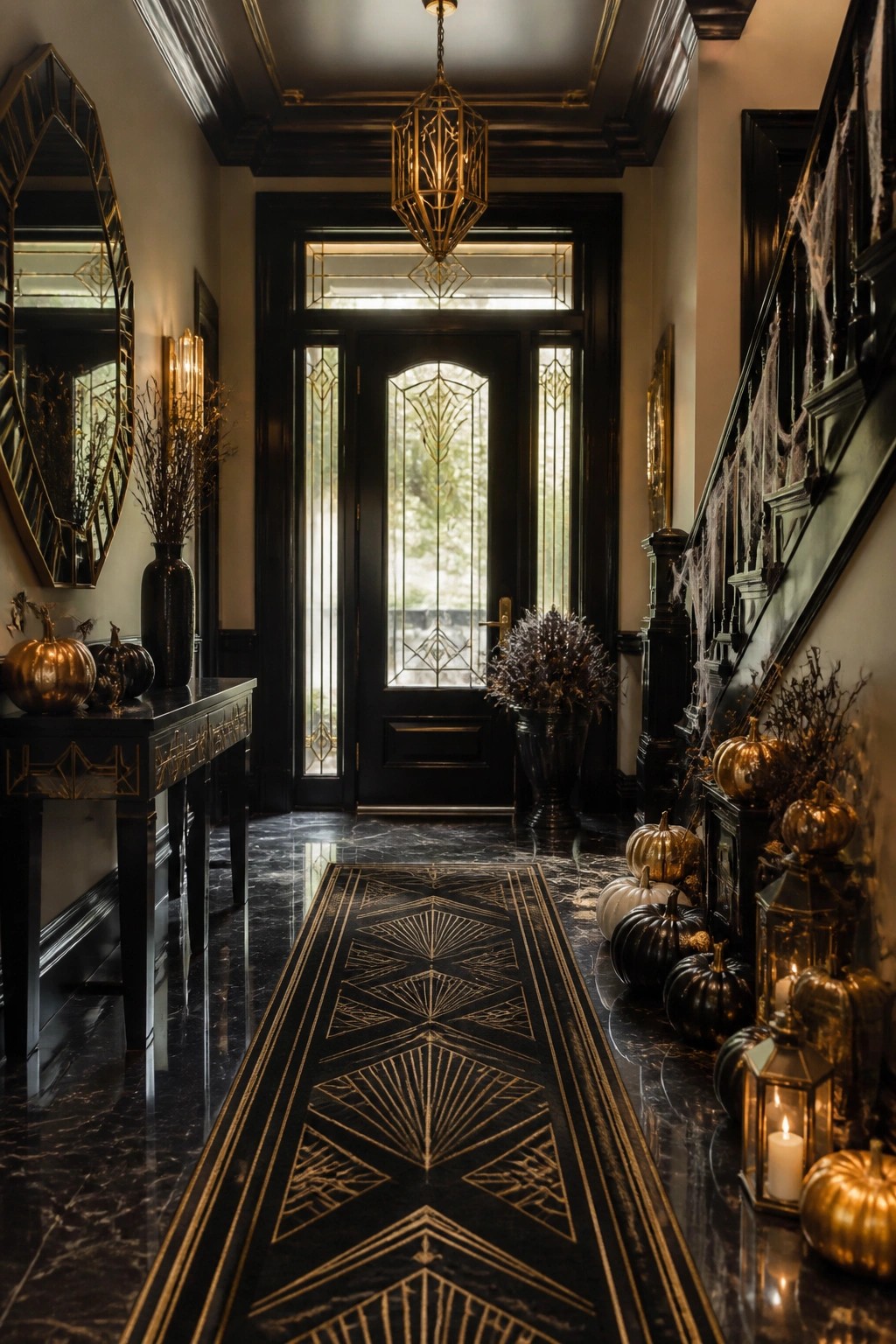 Luxe entryway with black and gold pumpkins clustered along a marble-floored staircase, spiderwebs on the railing, and dark branches in vases.
