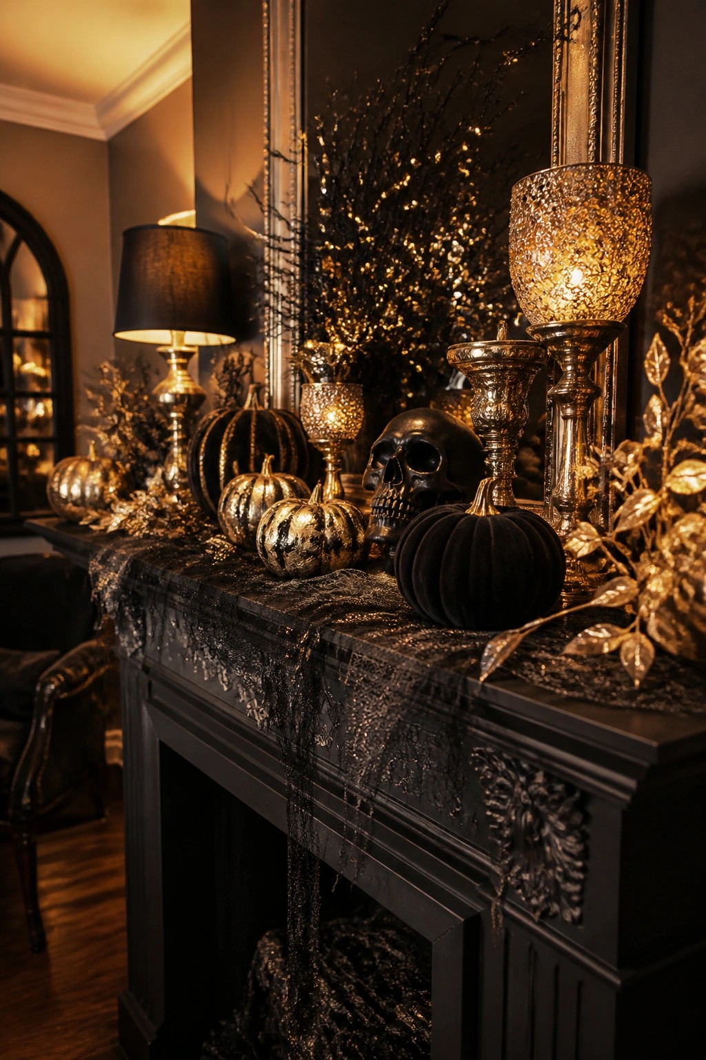 Black fireplace mantel decorated with black and gold pumpkins, a black skull, ornate gold candle holders, and dark draped fabric.
