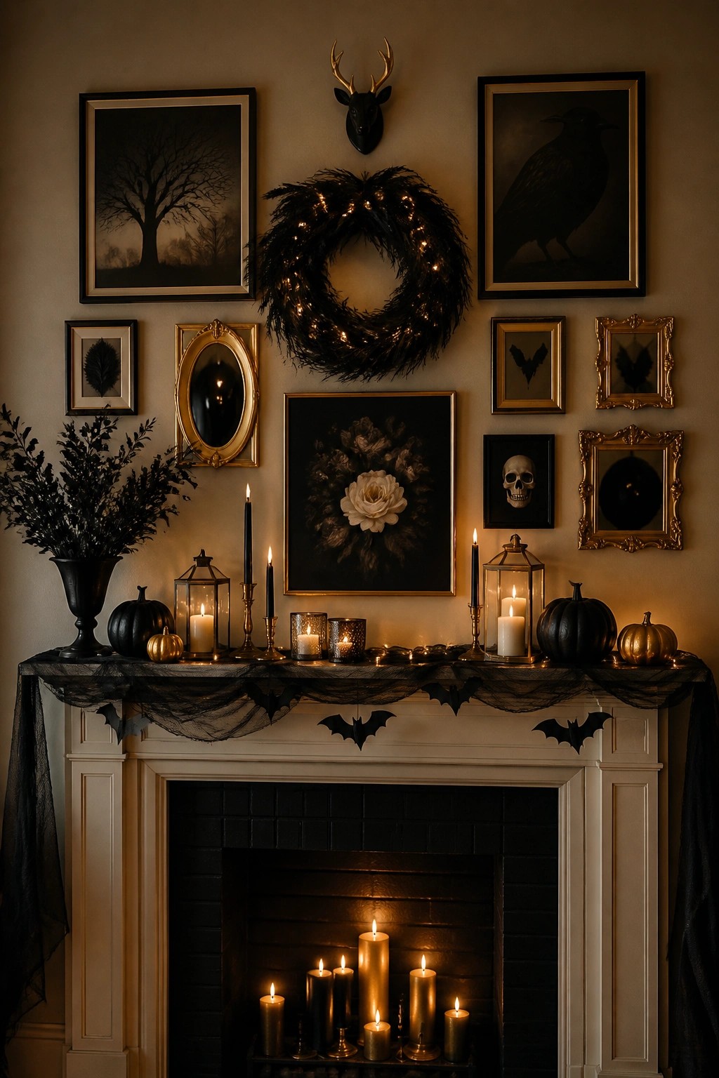 Elegant Halloween fireplace mantel with lit candles, pumpkins, wreath and gothic art gallery