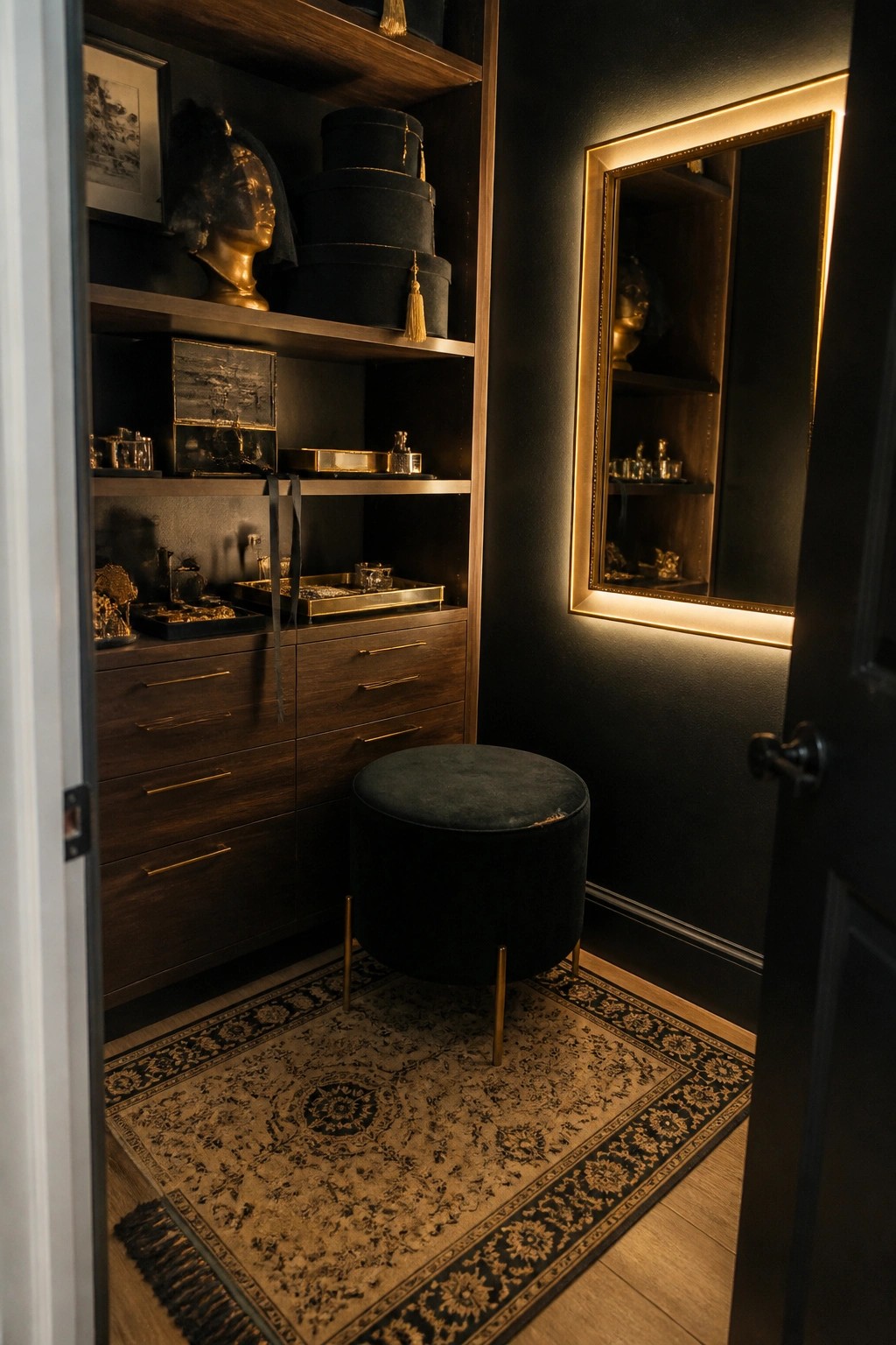 Dark wood closet with gold bust, velvet stool, hat boxes, and backlit mirror.
