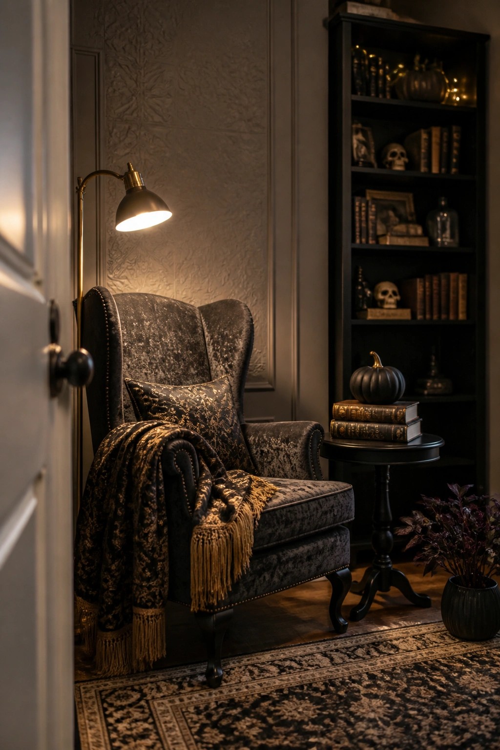 A dark crushed velvet wingback chair with a gold patterned pillow and fringed throw sits beside a black bookshelf holding books, skulls, and pumpkins, lit by a brass floor lamp on a patterned rug.