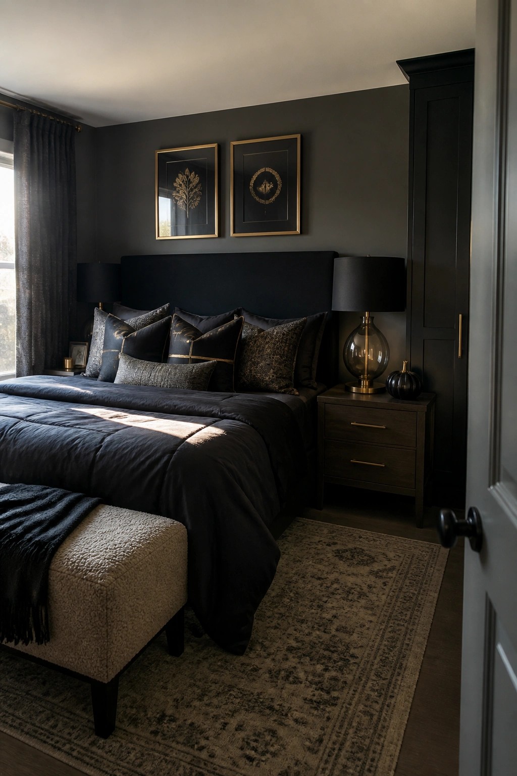 A bedroom with dark gray walls, a large bed dressed in black bedding and pillows with gold details, two gold-framed artworks above the headboard, and matching black lamps on dark nightstands.