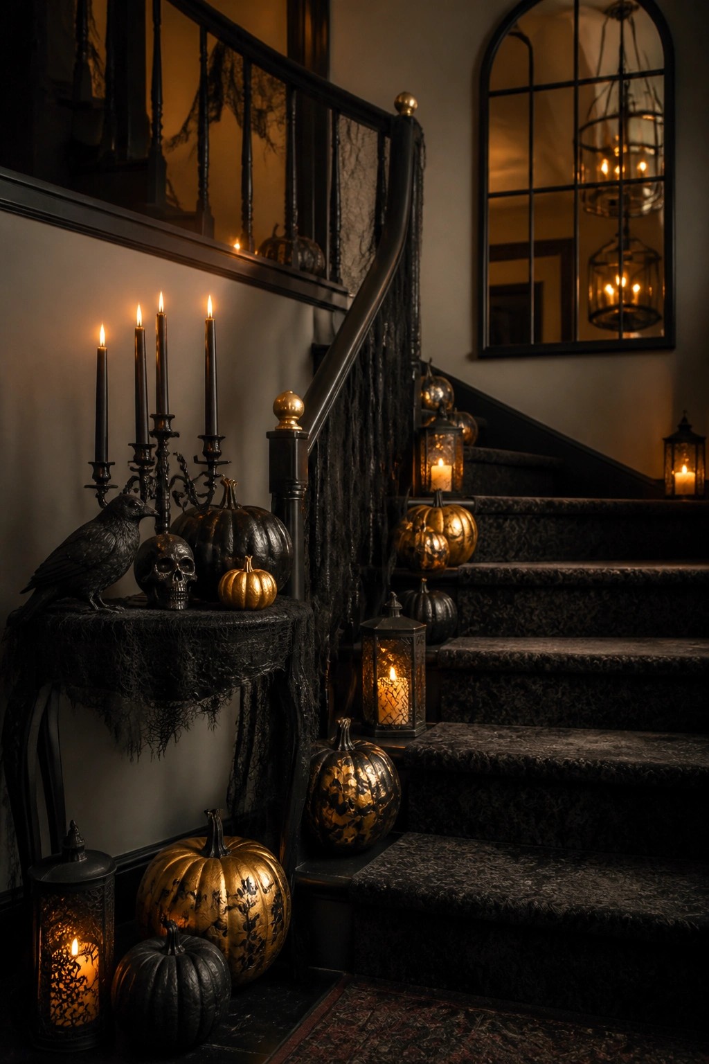 Dark staircase lined with black and gold pumpkins, lanterns, and a few skulls and a raven on a nearby table.