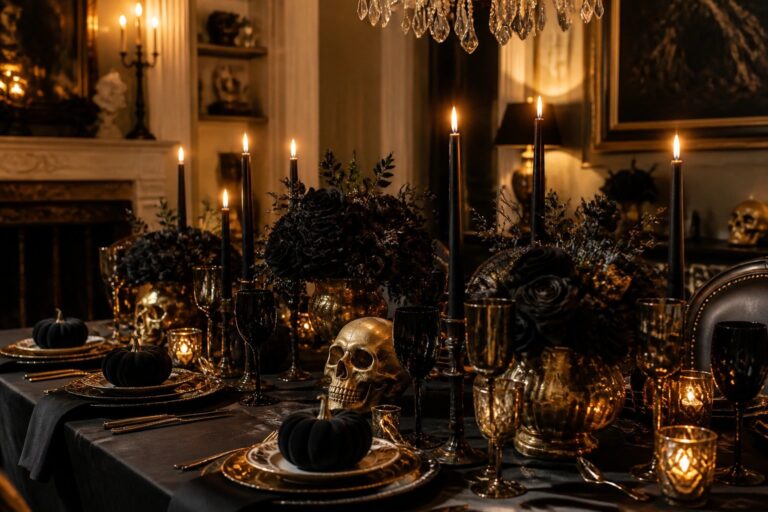 22 Black and Gold Halloween Decor Ideas for a Luxe Look Dark dining table set for Halloween with black and gold pumpkins, black candles, dark glassware, and gold flatware on black plates.