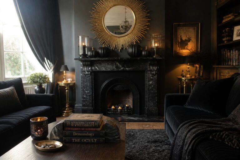 22 Black and Gold Halloween Decor Ideas for a Luxe Look A dark living room features a black marble fireplace mantel lined with black pumpkins, lit candles, and a large gold sunburst mirror above it, next to a black velvet sofa.