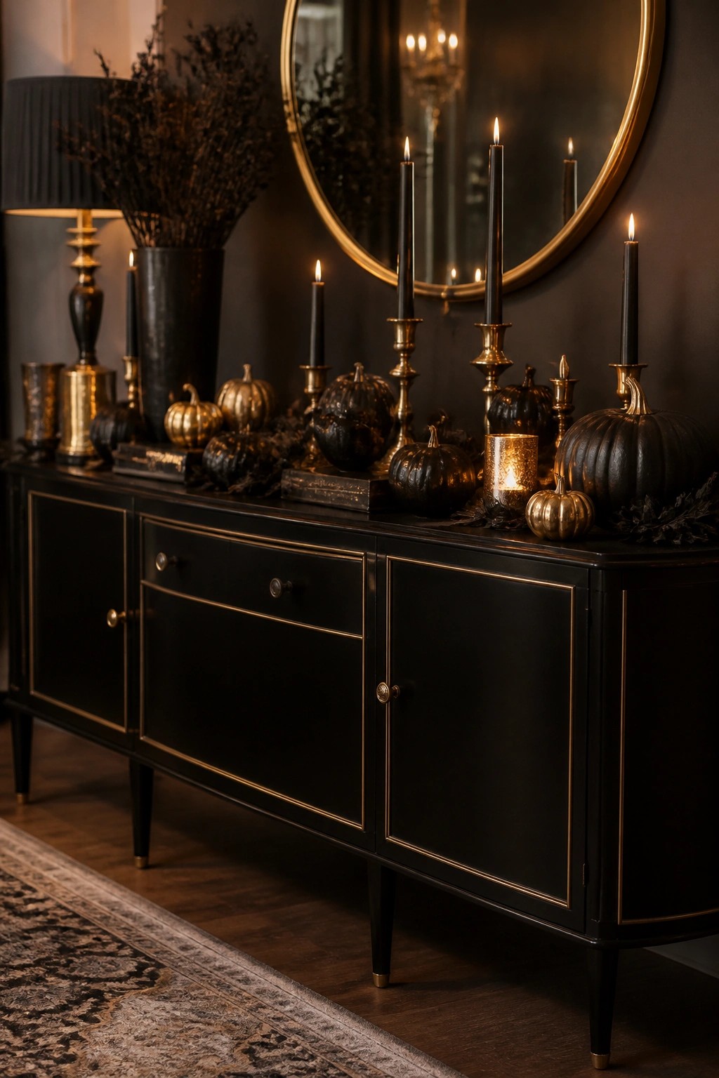 Black console table decorated with black and gold pumpkins, black taper candles in gold holders, and dark dried foliage.