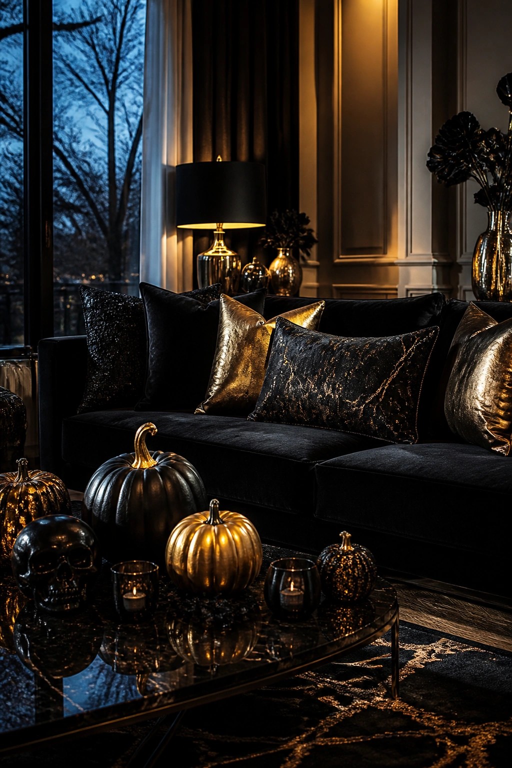 Living room coffee table with black and gold metallic pumpkins and a black skull arranged in front of a black velvet sofa.