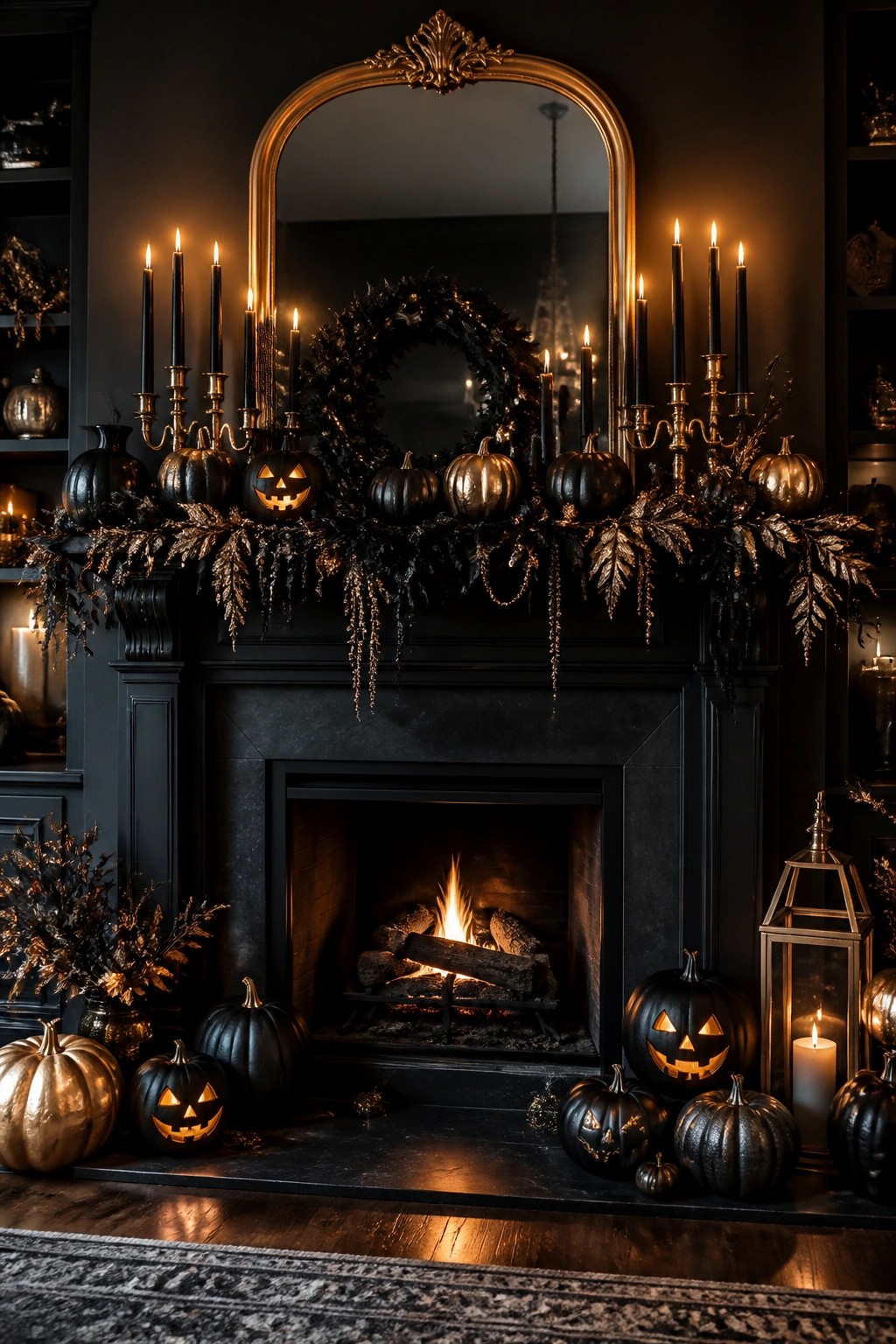 Black fireplace mantel decorated with black and gold metallic pumpkins, carved jack-o'-lanterns, black taper candles in gold candelabras, and a dark wreath.