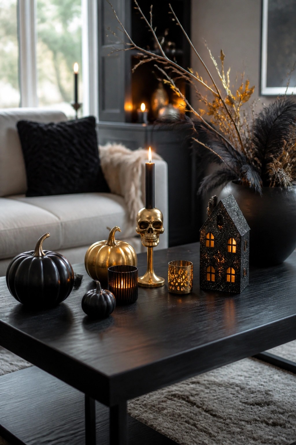 Coffee table with black and gold pumpkins, a gold skull candle holder, black glitter house lantern, and dark votives in a living room setting.