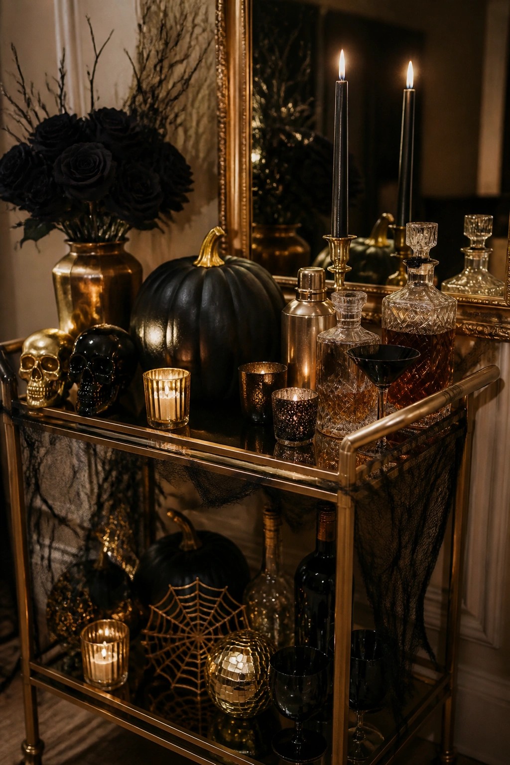 Gold bar cart styled with black pumpkins, gold and black skulls, spiderwebs, black roses, and dark taper candles.