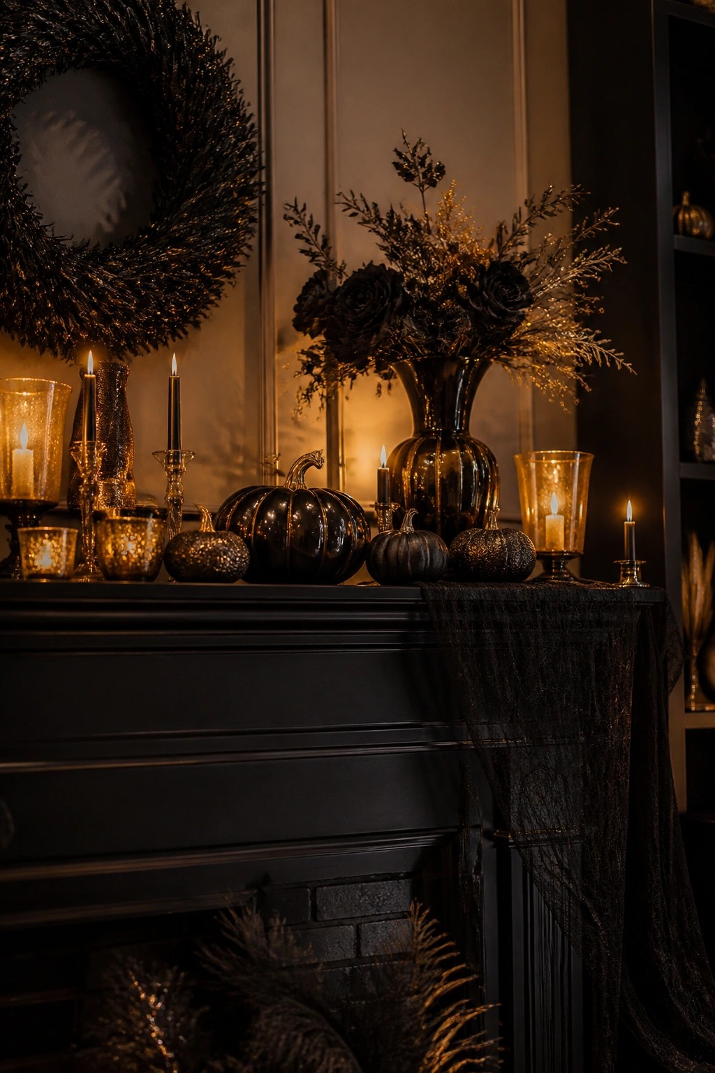 A black fireplace mantel decorated with black pumpkins, a dark vase of black flowers with gold details, black candles, and a black wreath on the wall above.