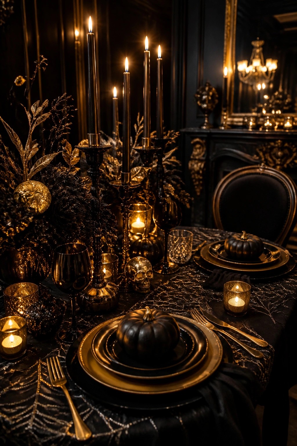 Dark dining table styled for Halloween with black and gold plates, black pumpkins, metallic skulls, tall black candles, and spiderweb linens.