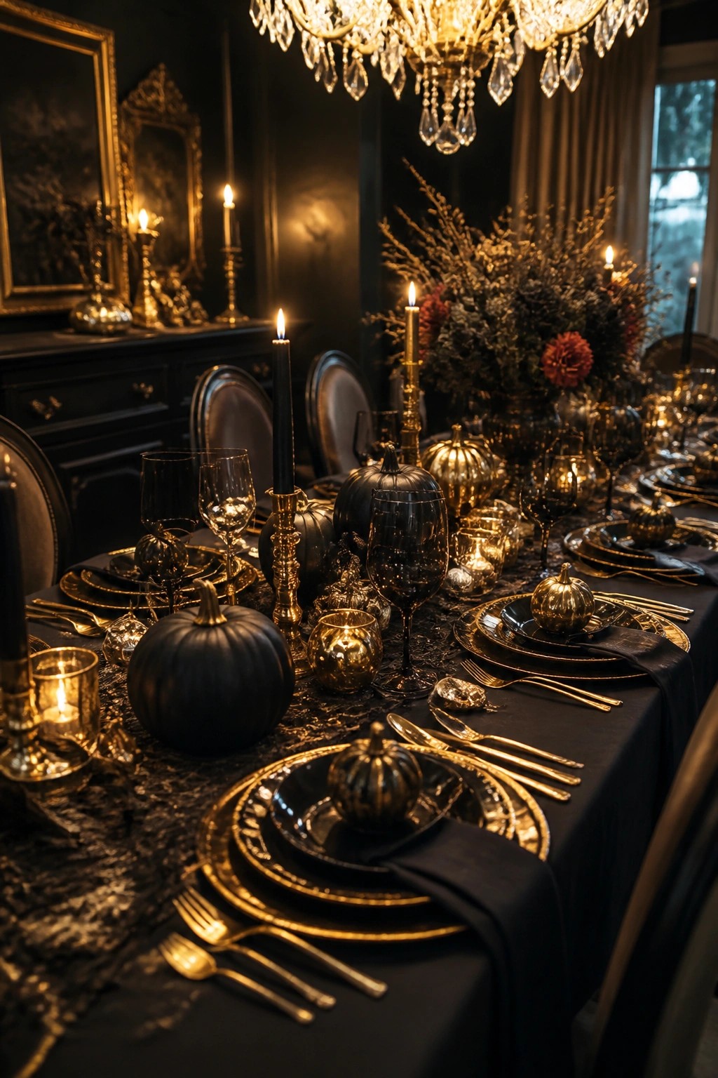 Dark dining table set for Halloween with black and gold pumpkins, black candles, dark glassware, and gold flatware on black plates.