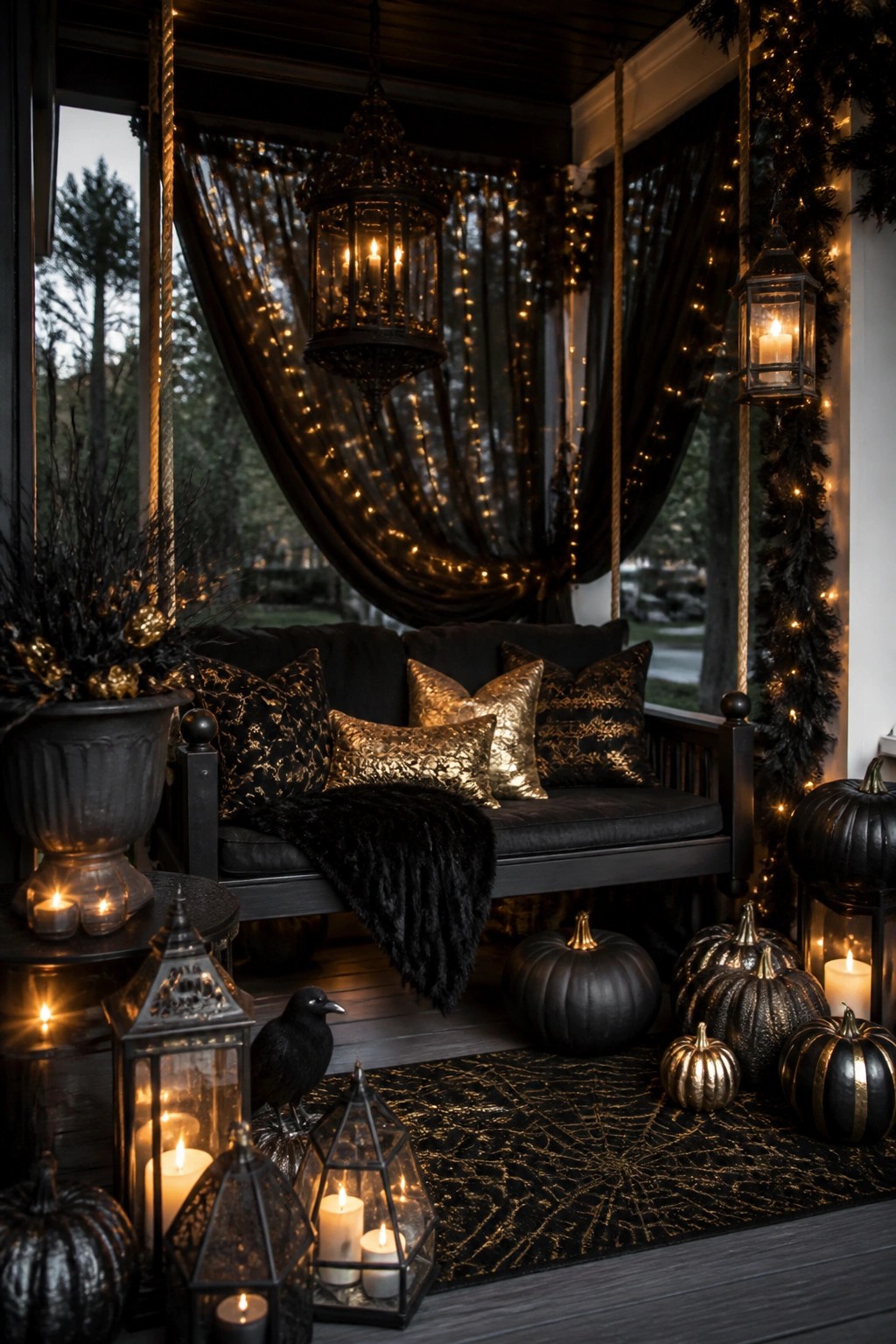 Dark wooden porch swing styled with black and gold pillows, black throw, black pumpkins, lanterns, and a crow on a spiderweb rug.