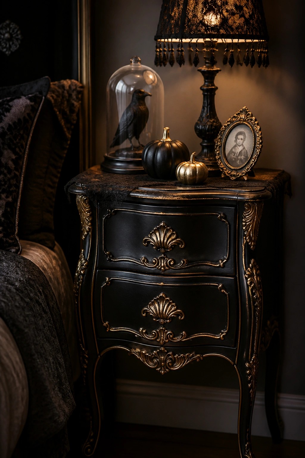 Ornate black nightstand with gold details, lace lamp, raven cloche, and pumpkins.