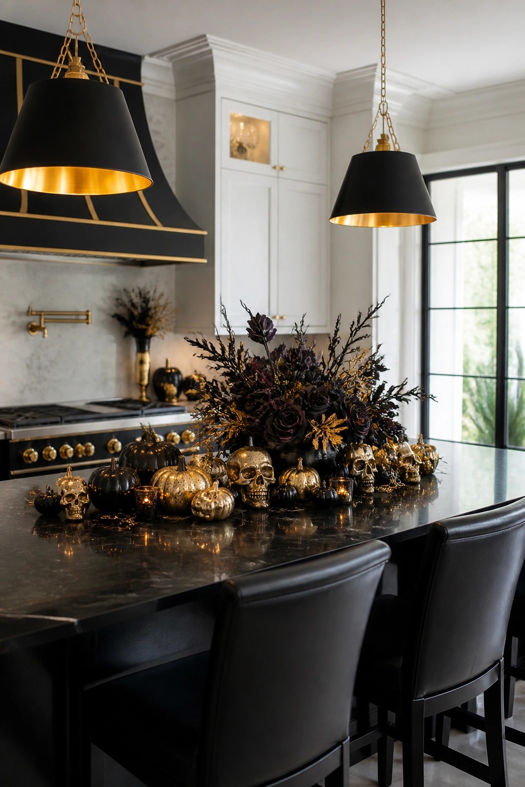 Kitchen island topped with a black and gold Halloween centerpiece of skulls, metallic pumpkins, and dark floral branches.