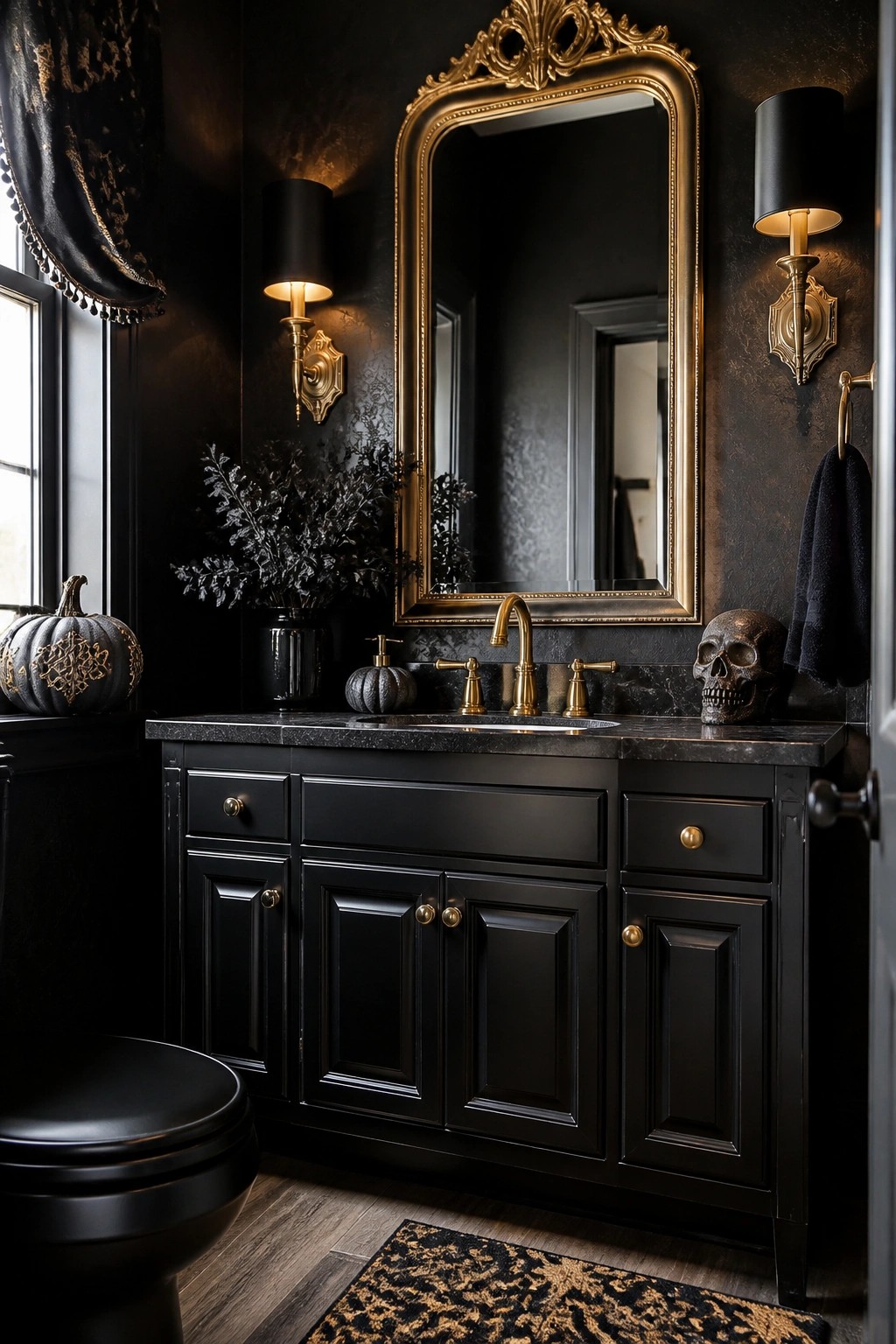 Dark gothic bathroom with black vanity, gold mirror, skull, and pumpkin decor