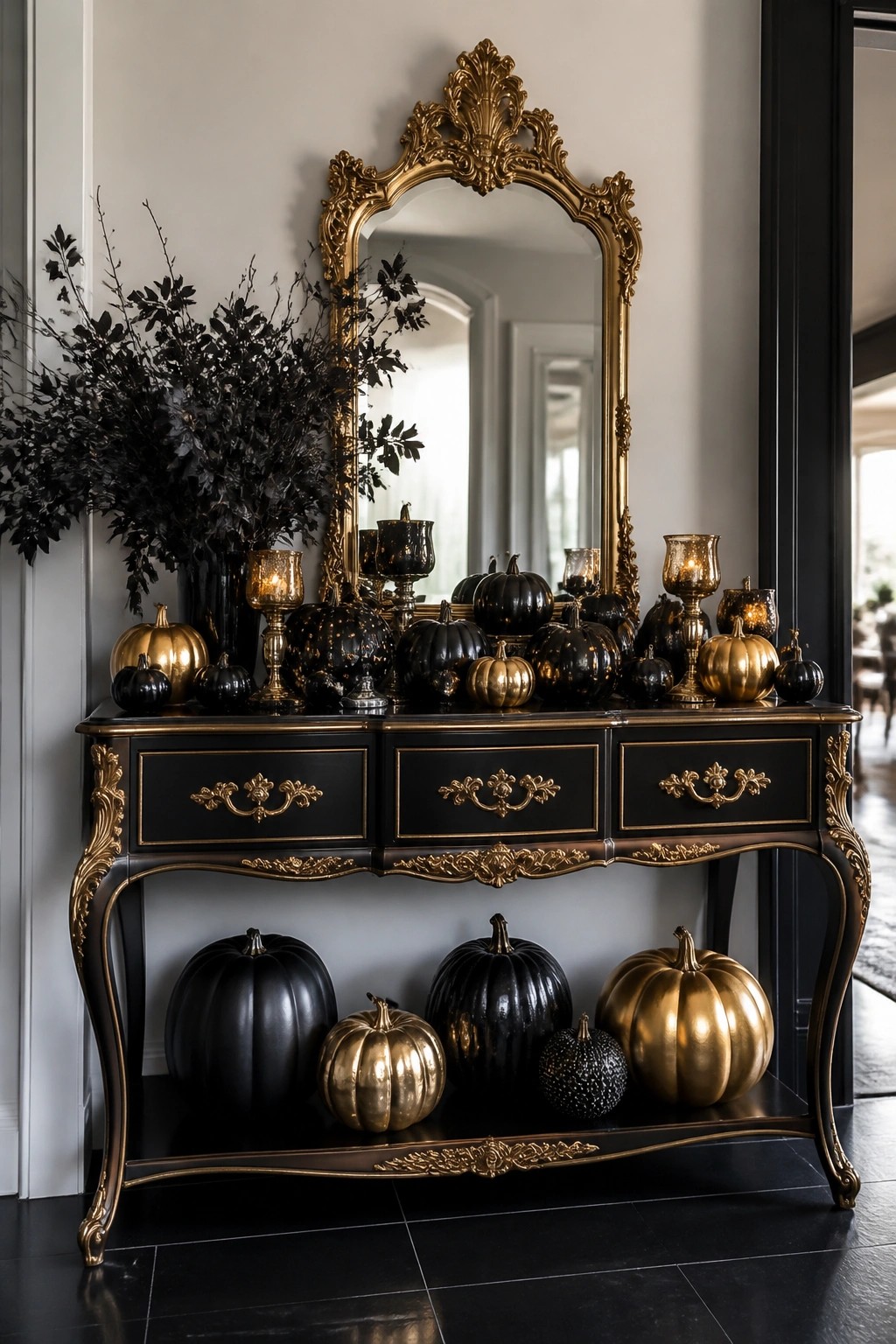 Entryway console table styled with black and gold pumpkins of various sizes, dark foliage, and candle holders beneath an ornate gold mirror.