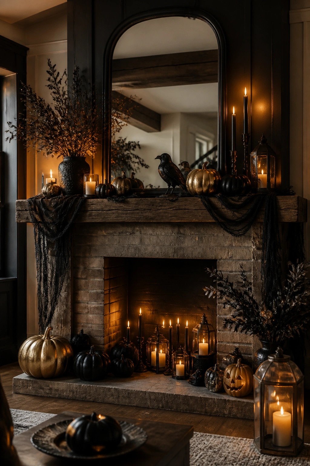Stone fireplace mantel styled with gold and black pumpkins, black crows, candles, and lanterns for Halloween.