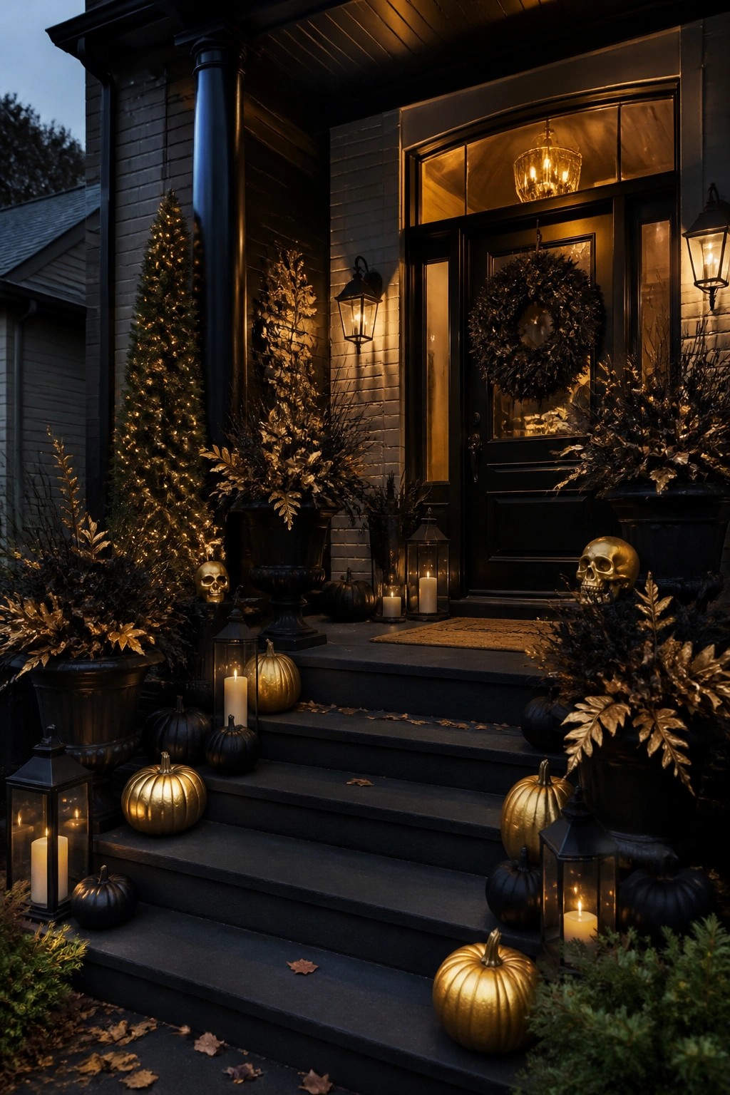 Dark front porch decorated with black and gold pumpkins, skulls, lanterns, and gold foliage in large planters around the steps.
