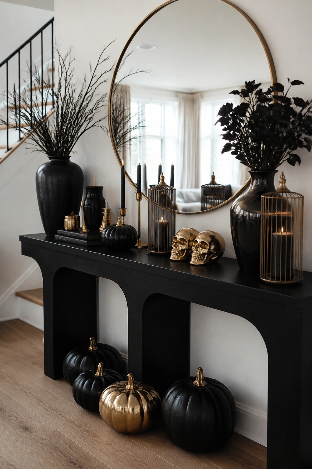Black console table in an entryway decorated with gold skulls, black pumpkins, and branches in black vases.