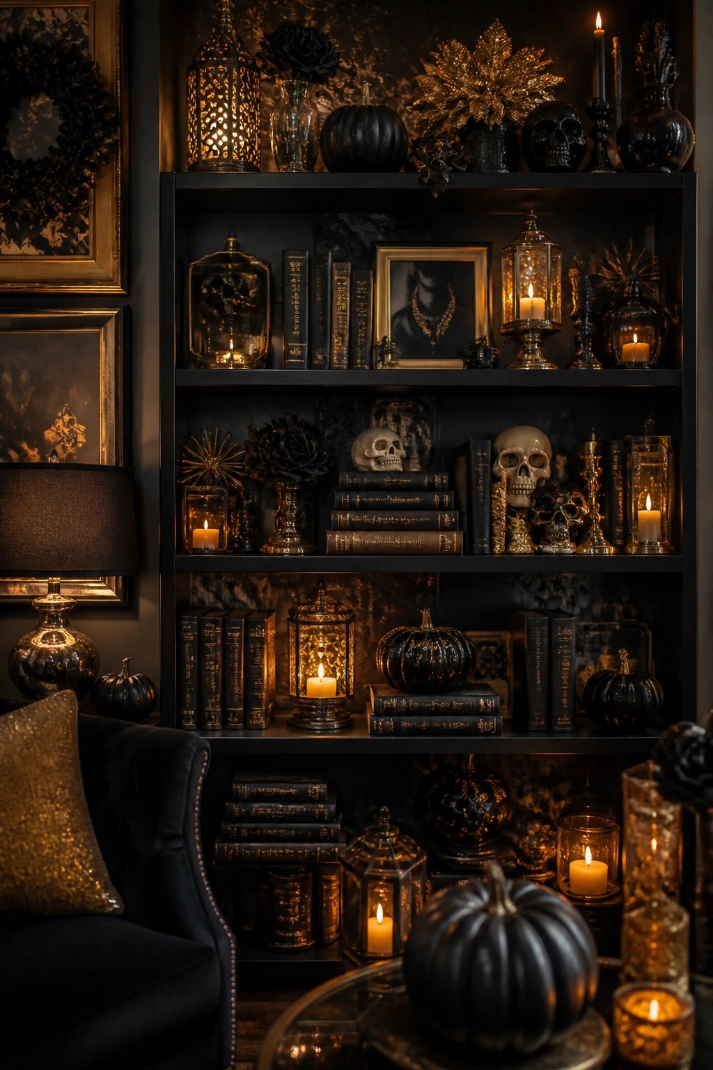 Black built-in shelves filled with skulls, black pumpkins, gold lanterns, and books for a Halloween display.