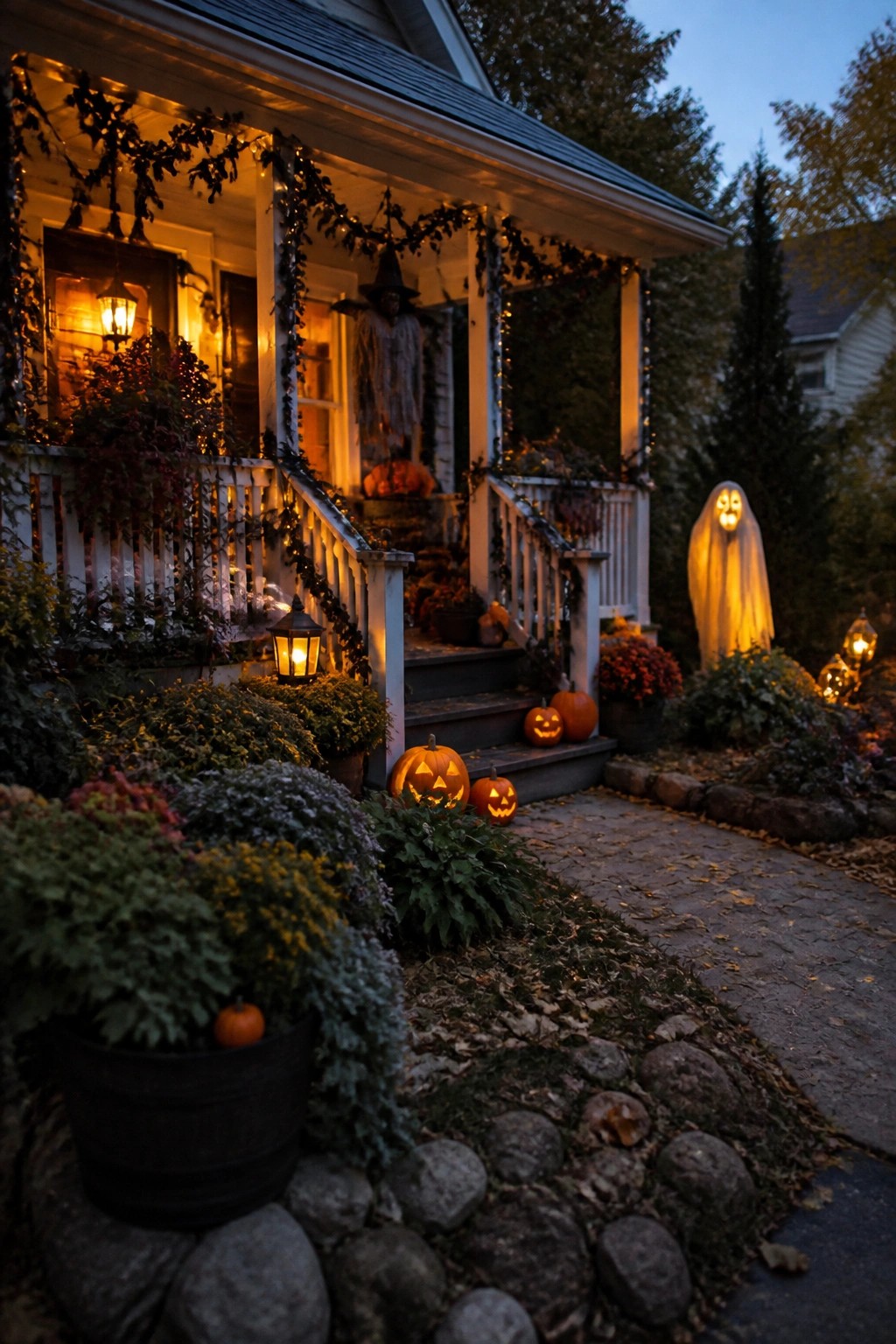Front porch with a glowing ghost figure beside the steps, carved pumpkins on the stairs, and string lights along the railing.