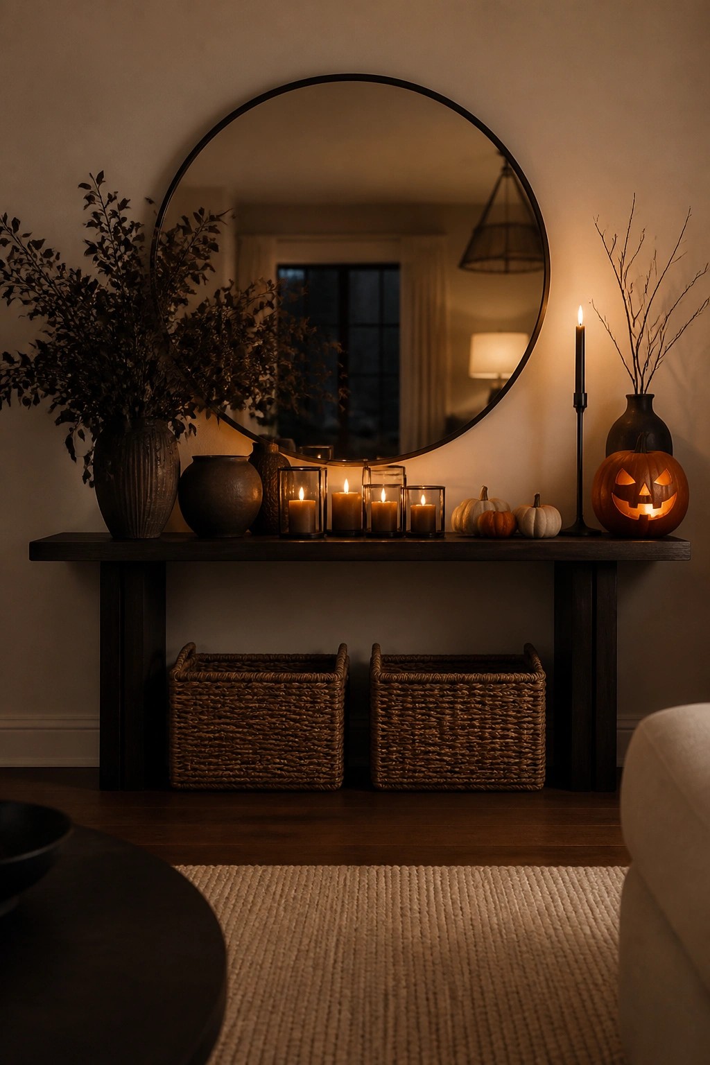 Entryway console table with a carved jack o lantern, candles in glass holders, small pumpkins, and dark vases with branches.
