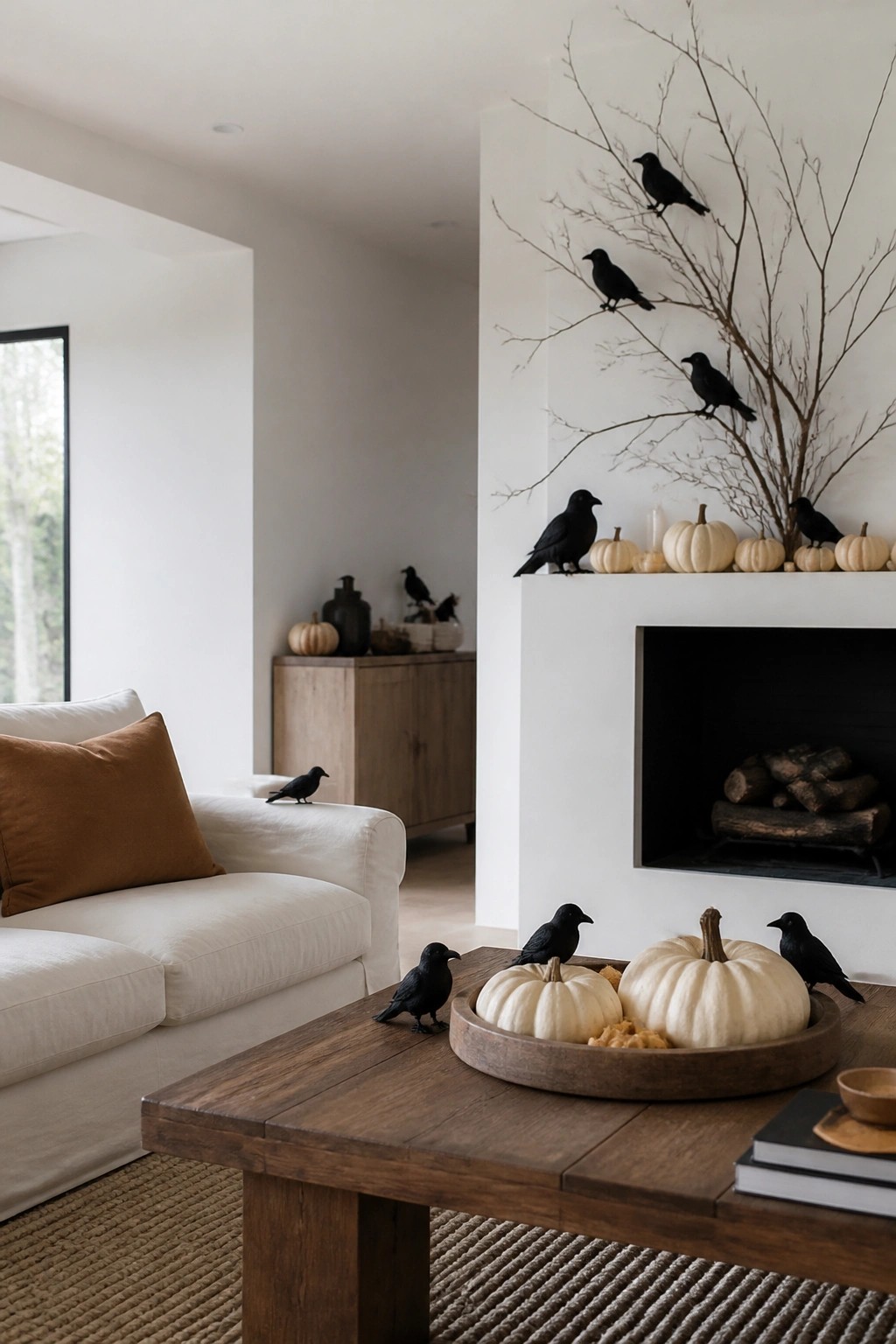 Modern living room with white sofa, wooden table, fireplace, pumpkins, and black bird decor