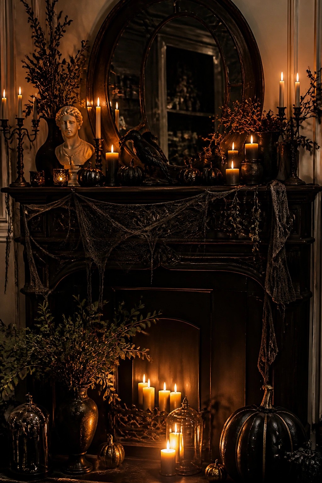 Gothic mantel with glowing candles, classical bust, raven, pumpkins, and spiderwebs.