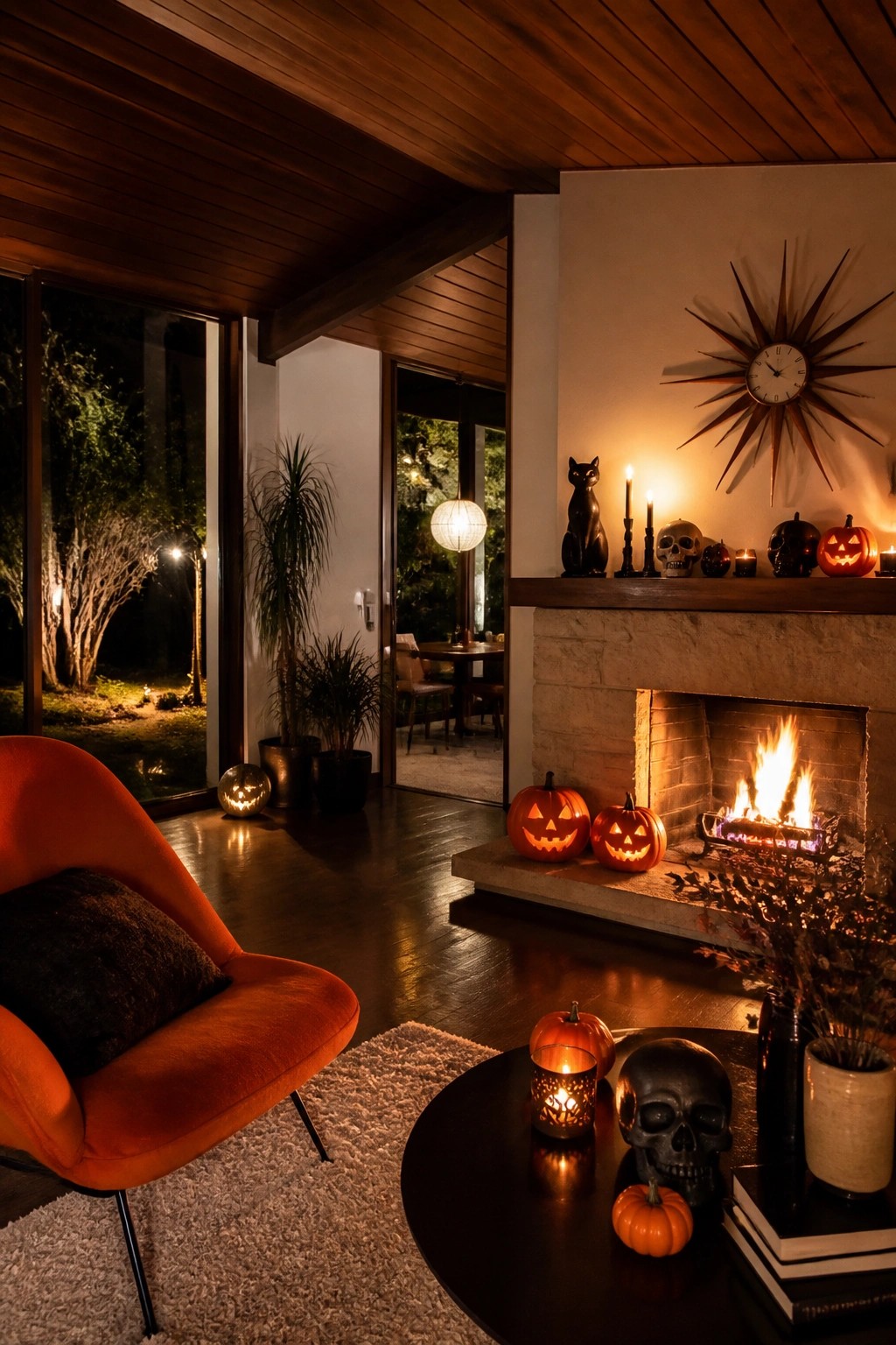 Living room fireplace mantel styled for Halloween with carved pumpkins, skulls, a black cat figurine, and lit candles.