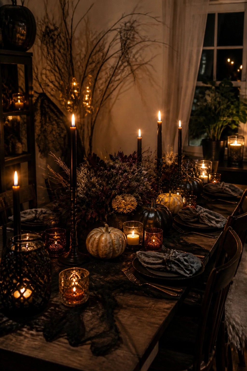 Dark wooden dining table set with black taper candles, small white and black pumpkins, amber glass candle holders, and a large dark floral centerpiece.