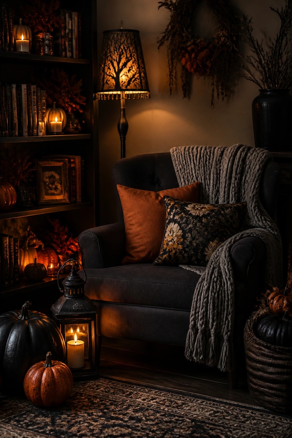 Dark armchair in a living room styled with orange and black pumpkins, lit lanterns, and a gray knit blanket for Halloween.