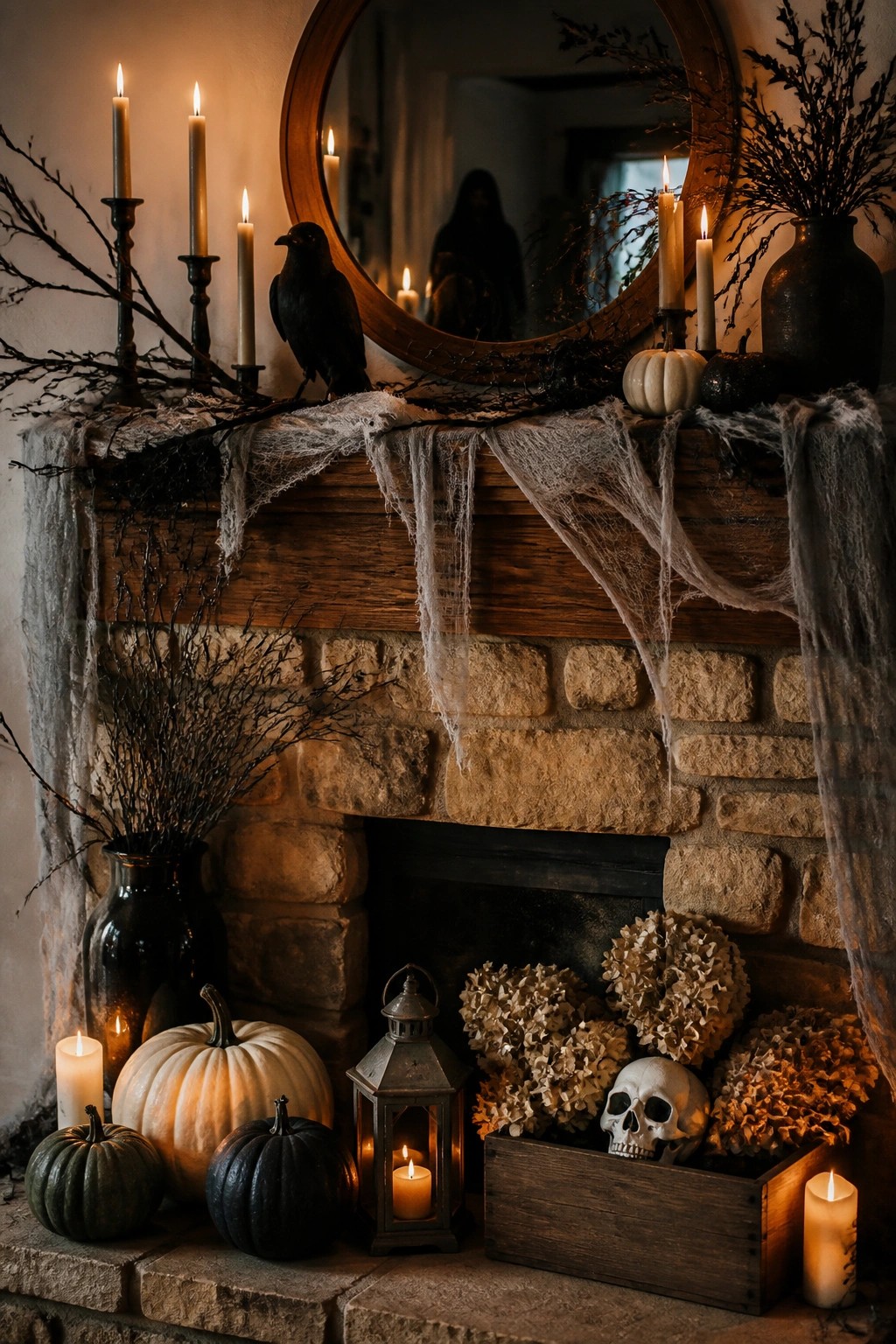Stone fireplace mantel styled for Halloween with draped spiderwebs, a black crow, candles, pumpkins, and a skull inside a wooden box.