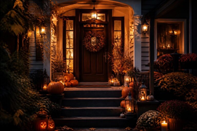 22 Halloween Decor Ideas for the Home That Feel Effortlessly Festive Front door and steps lined with carved jack-o'-lanterns, lanterns, and autumn garland.