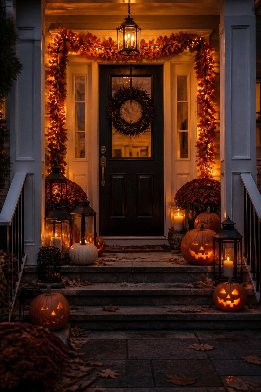 Front door and steps lined with carved jack-o'-lanterns, lanterns, and autumn garland.