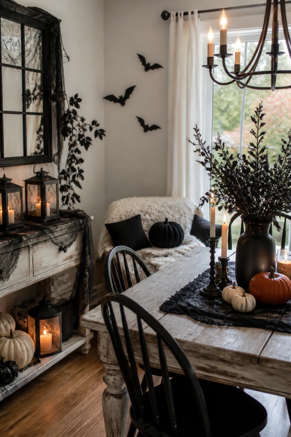 Halloween dining room with black bats, lit candles, pumpkins, and rustic wooden table.
