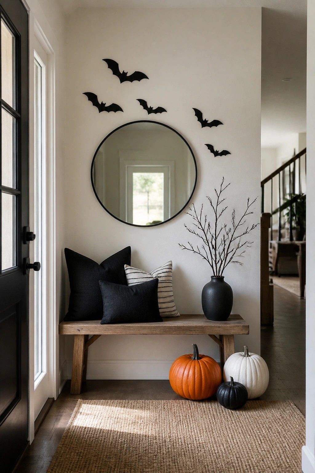 Entryway with black bats arranged around a round mirror above a wooden bench and pumpkins on the floor.