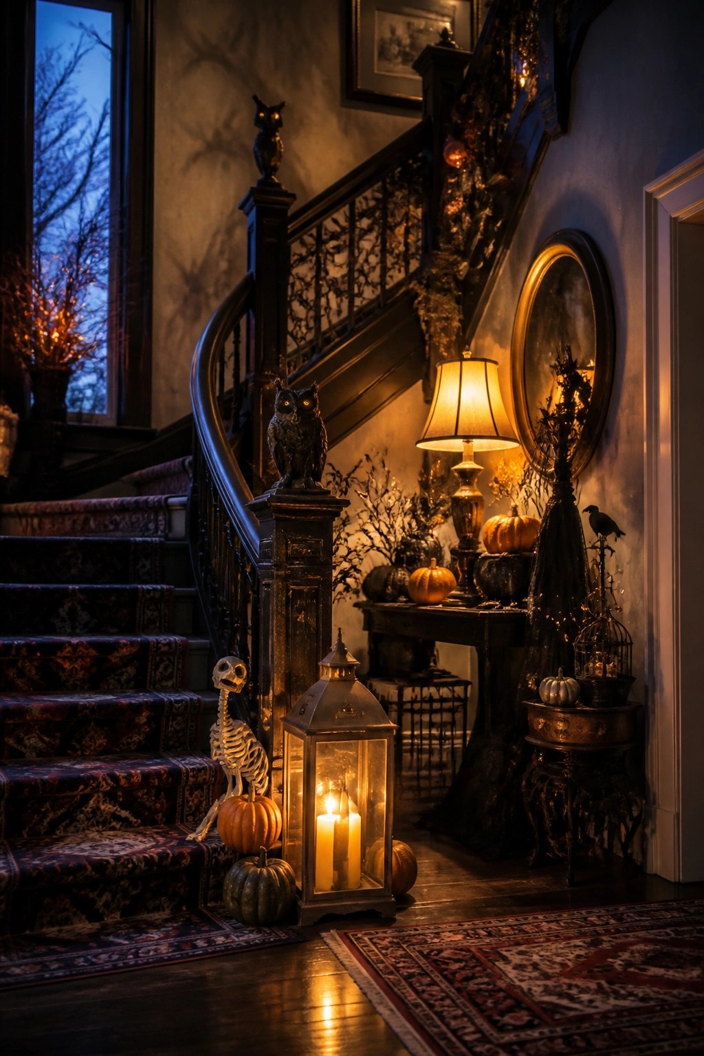 Staircase decorated with a small skeleton, pumpkins, and a lit lantern on the lower steps.